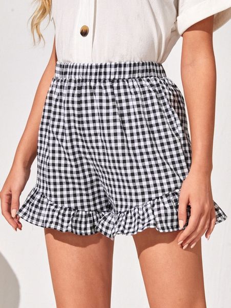 

emery rose gingham print ruffle hem shorts k3ey#, White;black