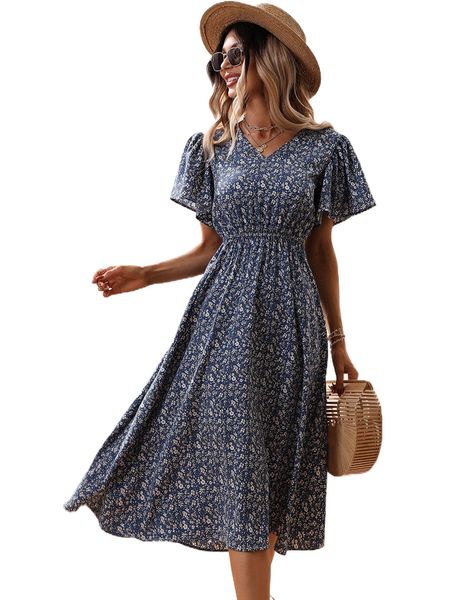 

ditsy floral print butterfly sleeve dress t3hp#, Black;gray