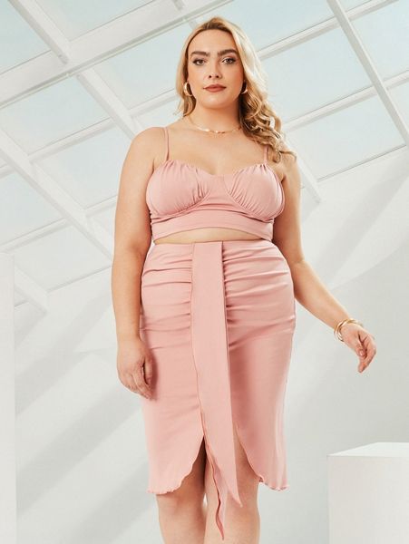 

plus ruched bustier crop cami & draped split hem skirt w6bo#, Black