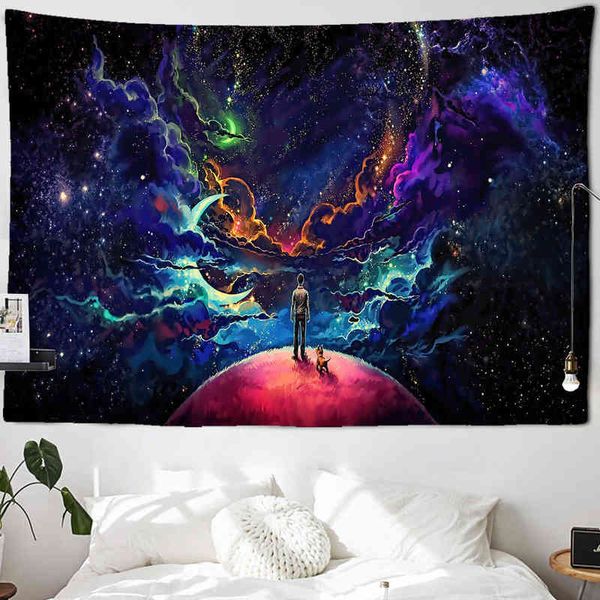 Starry Sky Universe Fantasy Carpet Wall Hanging Psychedelic Colorful Moon And Stars Poliestere Home Decor J220804