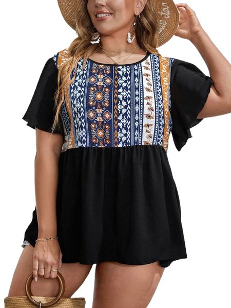 

plus geo print butterfly sleeve peplum blouse v8pk#, Black