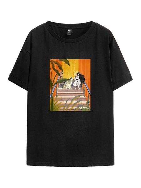 

x symphony dog & figure graphic drop shoulder tee e5vy#, White