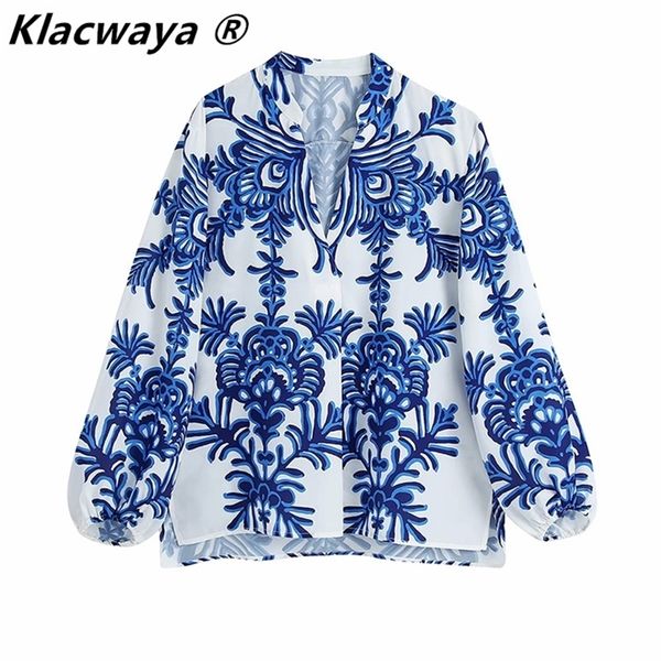 

klacwaya women vintage blue totem floral print smock blouse office ladies business casual shirt chic loose blusas 220419, White
