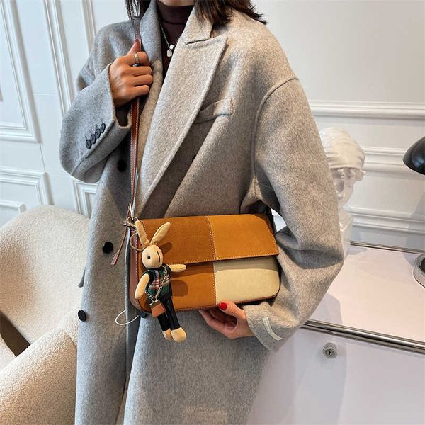 

dull polish bag 2021 autumn new shoulder underarm bag internet celebrity french retro textured contrast color messenger bag suede