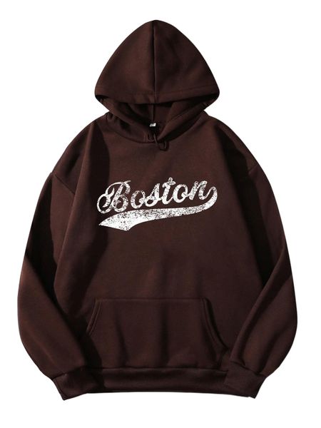 

letter graphic kangaroo pocket drawstring thermal hoodie r0ov#, Black