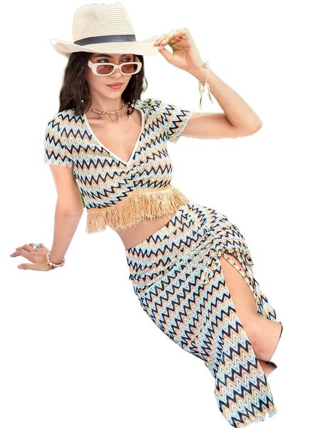 

chevron print drawstring split thigh skirt w5bf#, Black