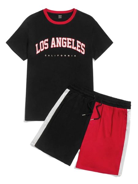

men letter graphic contrast trim tee & colorblock drawstring waist shorts y8oo#, Gray