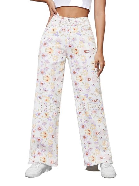 

floral print raw hem pants v5ab#, Black;white