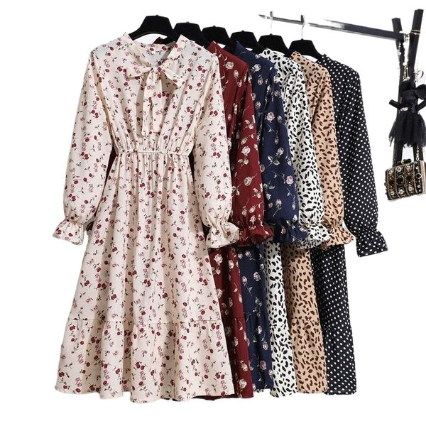

2022 floral print women dress female autumn long sleeve vintage chiffon bow tie neck office lady shirt dress summer vestidos, Black;gray