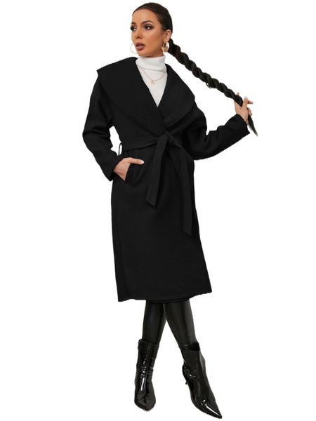 

drop shoulder pocket belted overcoat q61j#, Black
