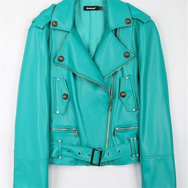 

nerazzurri spring autumn short loose cool stylish green black soft faux leather biker jacket women zipper belt long sleeve 220815