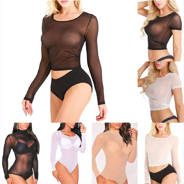 Sexy Mulheres Camiseta Veja através de Mesh Mesh preto Manga longa Bodysuit pura