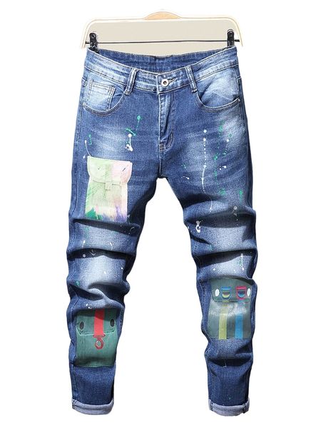 

men splash ink bag print jeans r4b5#, Blue