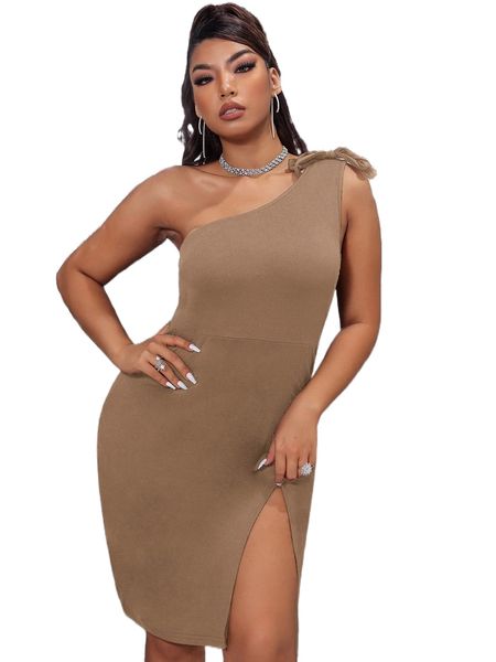 

plus one shoulder knot detail split thigh dress k59q#, Black