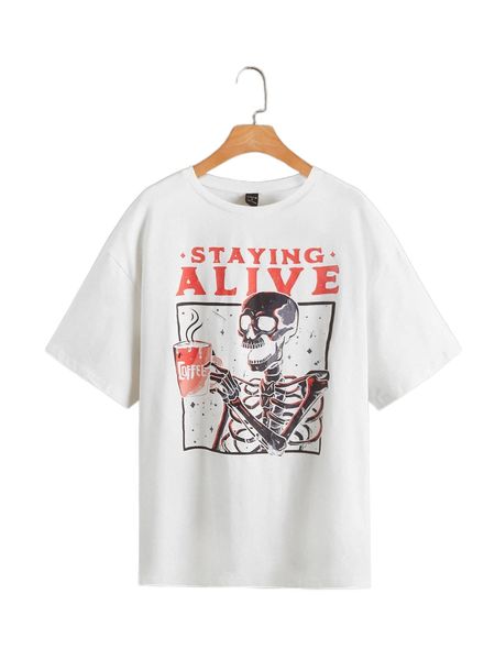 

x eduely slogan & skeleton graphic drop shoulder tee 61dm#, White
