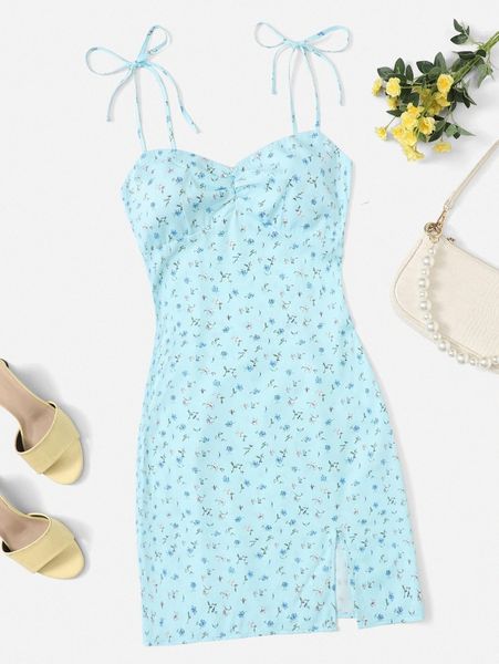 

ditsy floral ruched bust slit hem cami dress x8wz#, Black;gray
