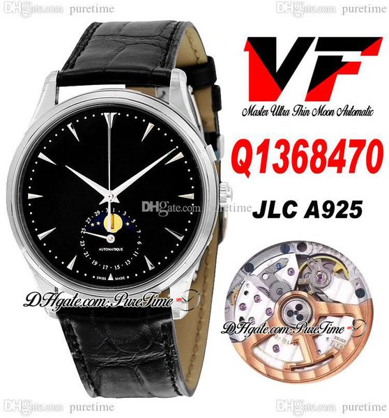 VF V3 Master Ultra Thin Moon Q1368470 JLC A925 Relógio automático masculino caixa de aço mostrador preto prata vara marcadores pulseira de couro corre2738