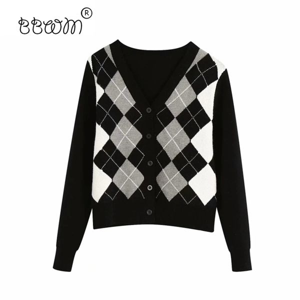 

2020 women england style argyle contrast colors cardigans vintage single breasted v neck sweaters female chic jumpers lj200818, White;black
