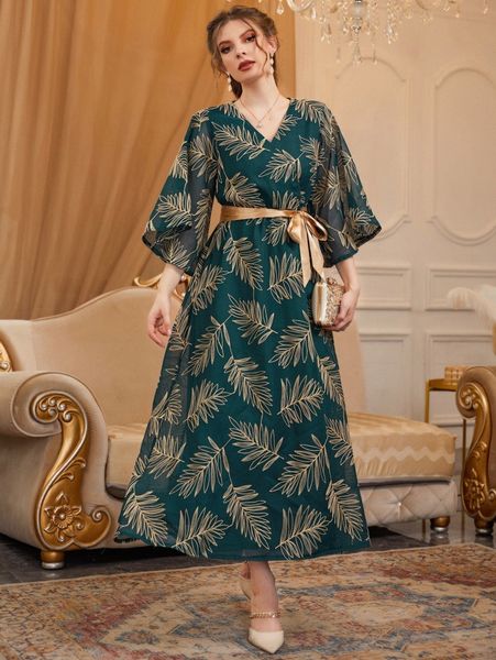 

gold leaf print belted dress t391#, Black;gray