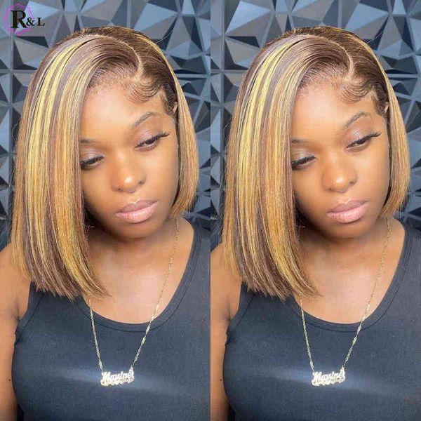

nxy wigs rulinda short bob highlight ombre color 13x4 hd lace front human hair with baby straight remy 180 density220701, Black;brown