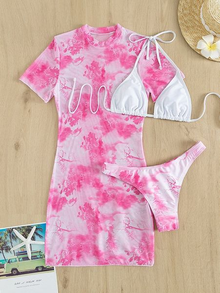 

3pack tie dye halter triangle bikini swimsuit & cover up v0i9#, White;black