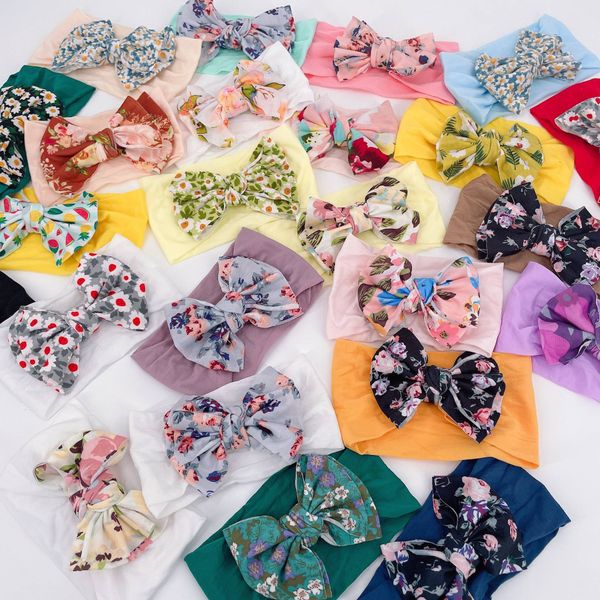 

ins european and american children's hair accessories nylon wide hairband baby headgear kids headband printing big bow head flower, Slivery;white