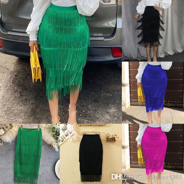 

plus size s-3xl womens stitched tassel skirt high waist slim wrap hip party pencil dress, Black