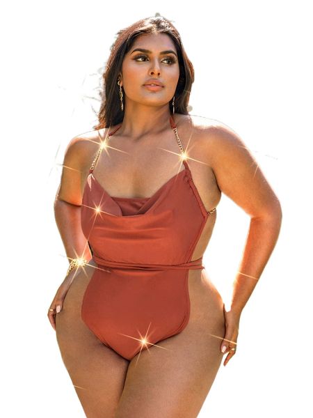 

plus chain detail draped halter one piece swimsuit z8px#, White;black