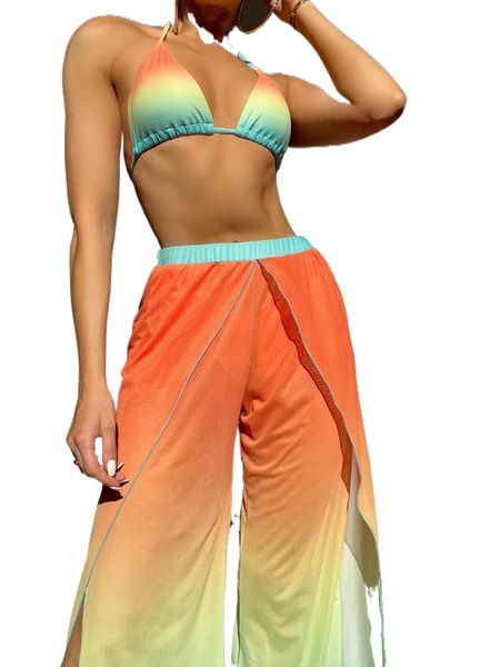 

ombre triangle bikini swimsuit with beach skirt q61l#, White;black