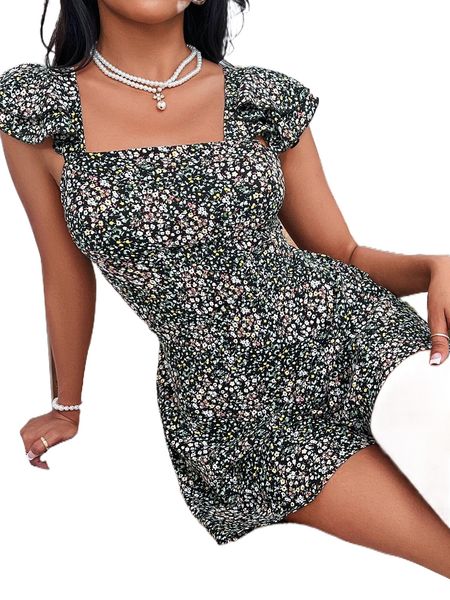 

ditsy floral square neck ruffle trim backless knot romper w3mz#, Black;white