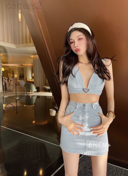 

two piece dress designer p home 22 spring and summer new inverted triangle v-neck short vest washing design hip wrap skirt suit fsgp, White