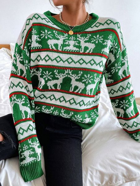 

christmas pattern drop shoulder sweater f5vp#, White;black