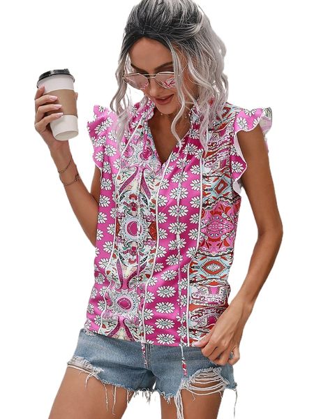 

allover print tie neck ruffle trim blouse t8pt#, White