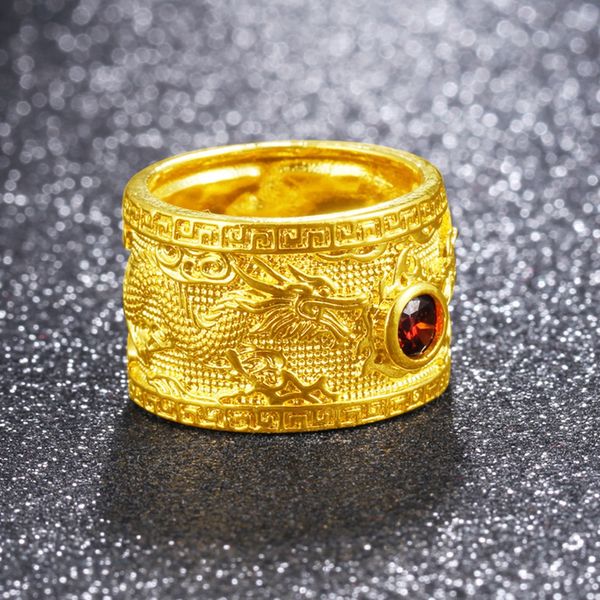 Anel grosso para mulheres sólidas 18k amarelo ouro enchido casamento casamento banda de dedo tamanho 6/7 com zircão cúbico vermelho presente bonito