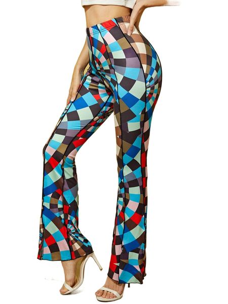 

geo print contrast stitch flare leg slit hem pants d8wm#, Black;white