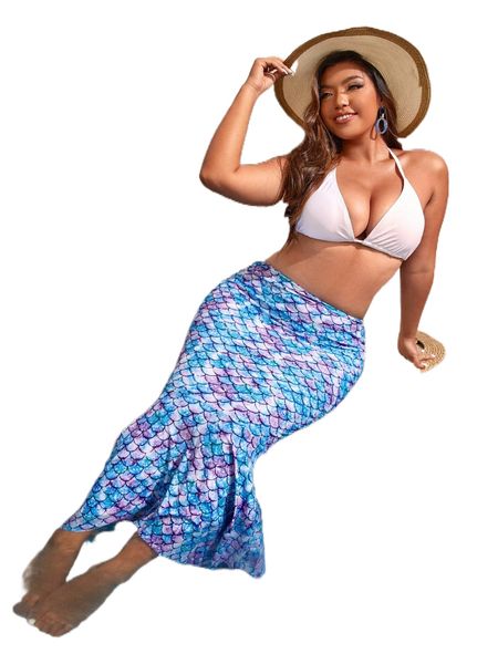 

plus fish scale print mermaid hem bikini swimsuit b1pt#, Black