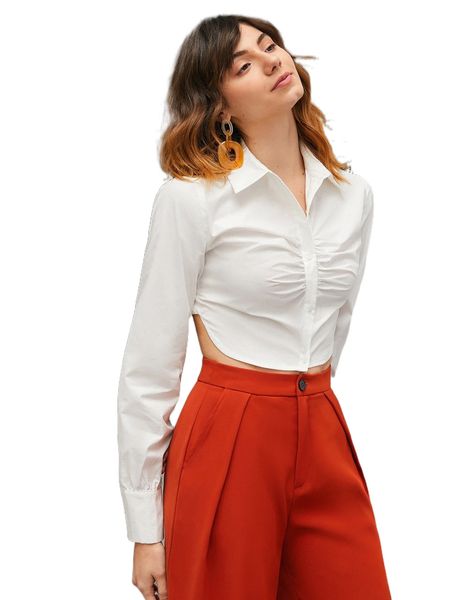 

ruched bust asymmetrical hem crop blouse z27a#, White