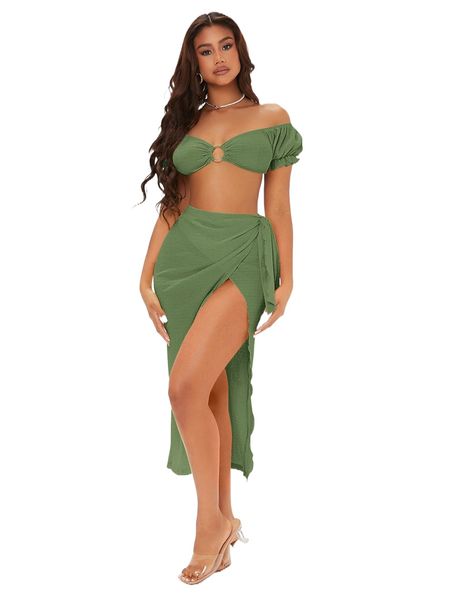 

sxy off shoulder puff sleeve o-ring ruched crop & wrap knot skirt set g2sb#, White