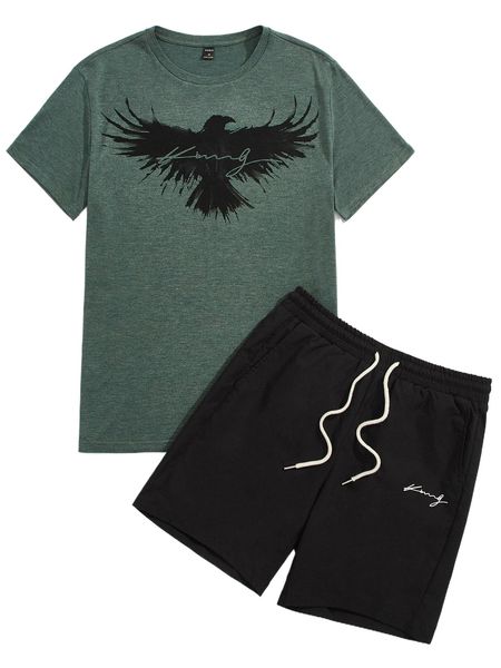 

men eagle & letter graphic tee & drawstring waist track shorts g0px#, Gray