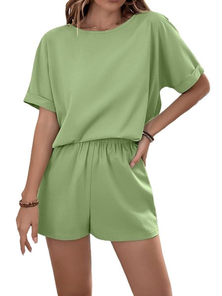 

solid batwing sleeve tee & shorts v9ol#, White