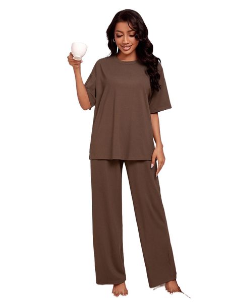 

drop shoulder ribbed knit lounge set 46ew#, Black;red