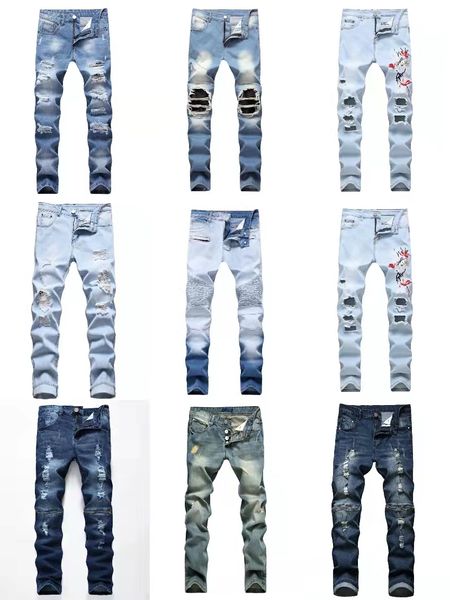 

european and american retro nostalgia work hole painted white personality jeans for men fashion casual versatile micro elastic jeans korean, Blue