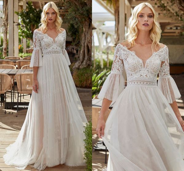 

vintage beach tulle lace wedding dresses with tulle bell sleeves elegant v-neckline bohemian lace bridal gowns vestido de casamento, White