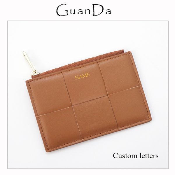 

weave leather womens wallet genuine lambskin knit zip card holder slim mini female coin purse personalized name letters gift