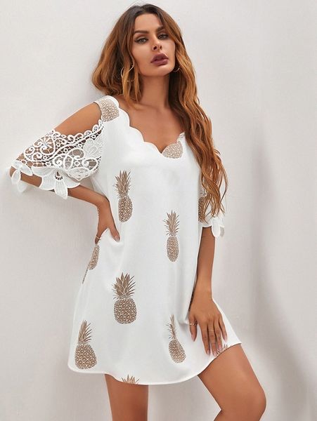 

scallop trim contrast lace pineapple dress t61e#, Black;gray