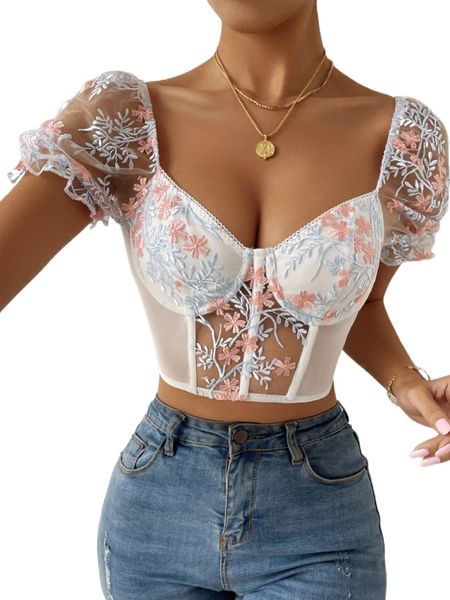 

floral embroidery mesh bustier crop h04t#, White