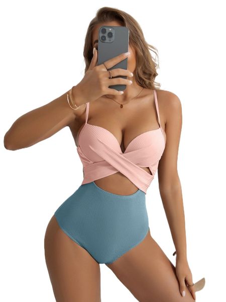 

two tone cut out underwire push up one piece swimsuit 1407#, White;black