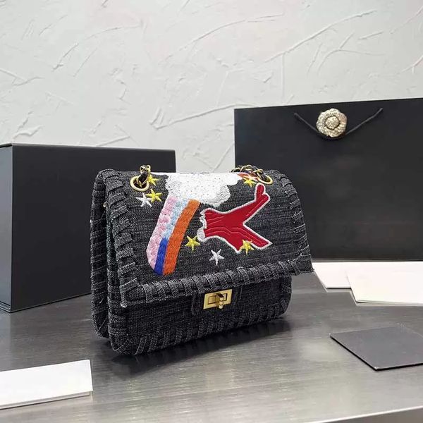 

23cm women flap designer bags black cowboy denim embroidery shoulder bags gold-tone metal chain hardware multicolor crossbody pattern diamon