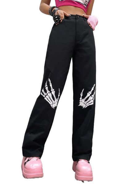 

zipper fly skeleton hand print pants y6jd#, Black;white