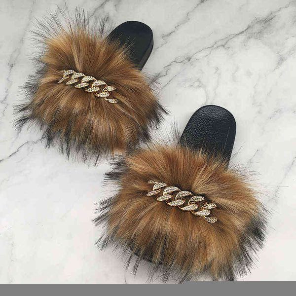 

fur slides women fluffy slippers summer flip flops with fur female slippers home furry slippers ladies sandals shoes chain 2022, Black